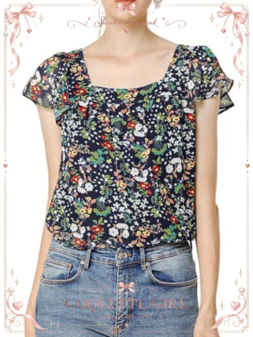 Chiffon Blouse Ruffled Square Neck Floral Casual Top